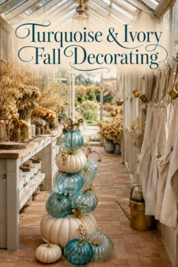 Autumn potting room with blue green glass pumpkins cream gourds and golden foliage beneath the words Turquoise and Ivory Fall Decorating