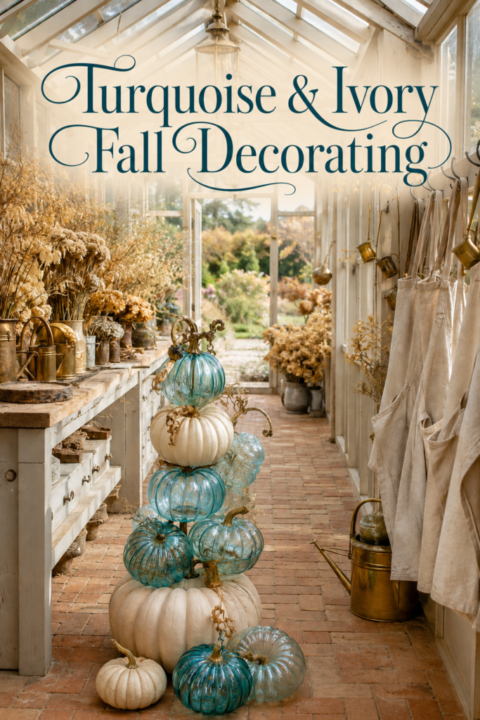 Autumn potting room with blue green glass pumpkins cream gourds and golden foliage beneath the words Turquoise and Ivory Fall Decorating