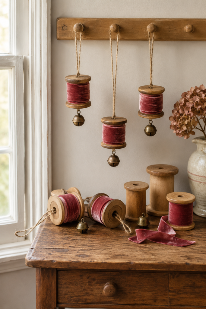 Wooden spools wrapped in red velvet hang from twine with brass bells beneath a peg rail above loose spools and ribbon on a sewing table