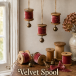 Velvet Spool Christmas Ornaments with dark pink red ribbon around old wood sewing spool and bell dangling from the bottom on twine loop for hanging on tree or mobile