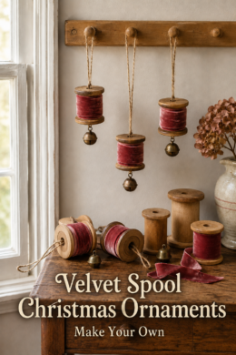 Velvet Spool Christmas Ornaments with dark pink red ribbon around old wood sewing spool and bell dangling from the bottom on twine loop for hanging on tree or mobile