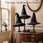 Vintage Halloween display of velvet witch hats beside a sunlit window with text reading Velvet Witch Hats Vintage Halloween Charm