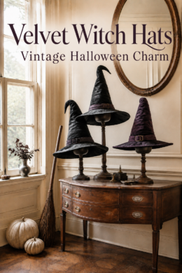 Vintage Halloween display of velvet witch hats beside a sunlit window with text reading Velvet Witch Hats Vintage Halloween Charm