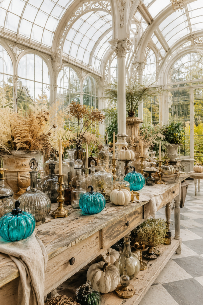Turquoise glass pumpkins sit among stoppered bottles brass candlesticks cream pumpkins and pale ferns on a weathered table in a Victorian conservatory