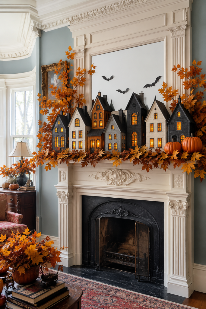 Halloween haunted village with glowing miniature houses orange foliage pumpkins and black bats on an ornate cream Victorian mantel