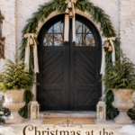 Christmas doorway with evergreen urns and ribboned bells above lettering reading Christmas at the Carriage House Gold Bells and Evergreen Charm