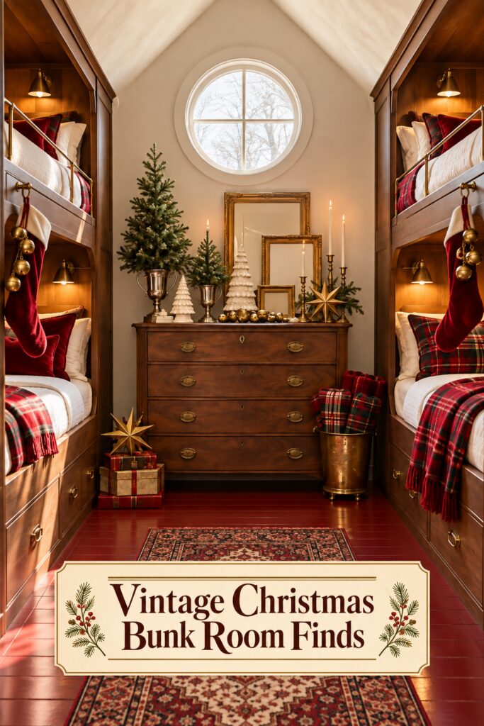 Vintage Christmas bunk room with paired walnut beds and title text across the lower rug