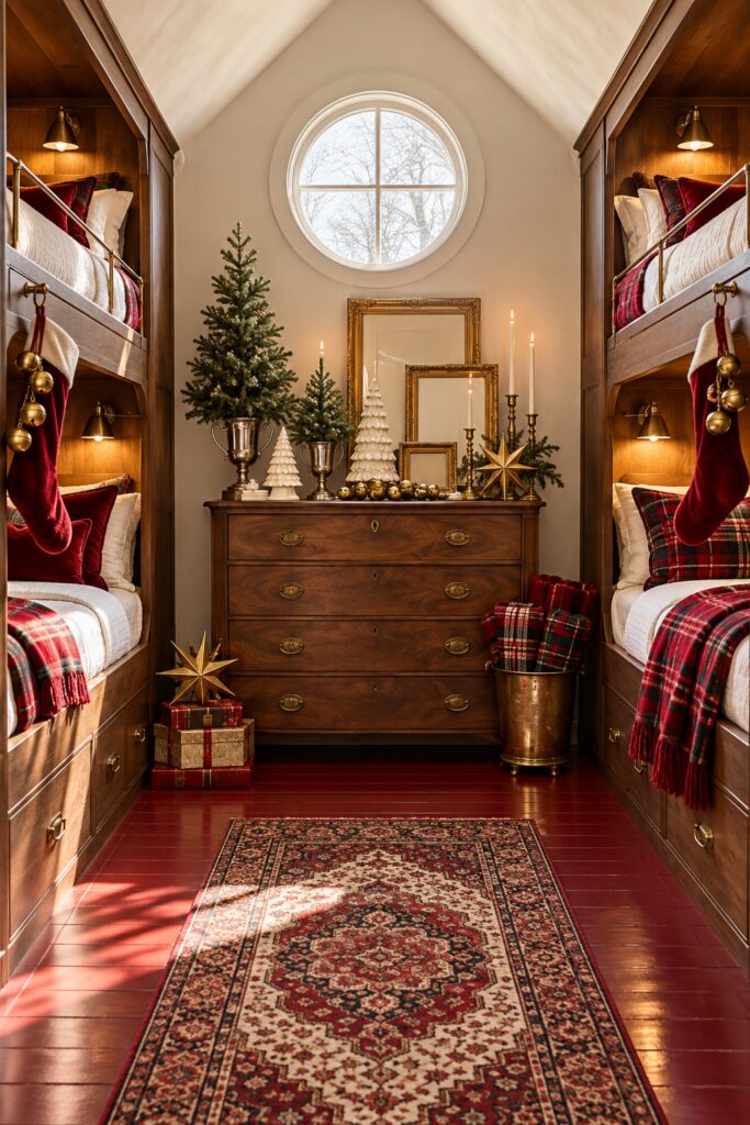 Farmhouse Christmas bunk room with walnut beds round window plaid bedding stockings and decorated dresser