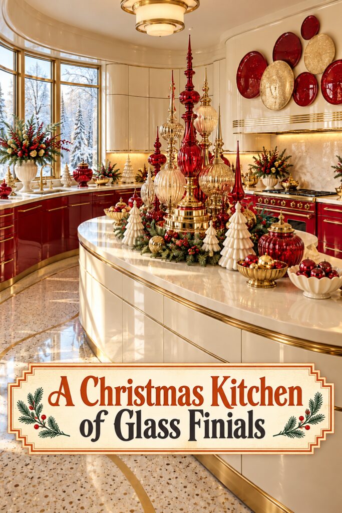 A Christmas Kitchen of Glass Finials headline beneath a red and gold island centerpiece