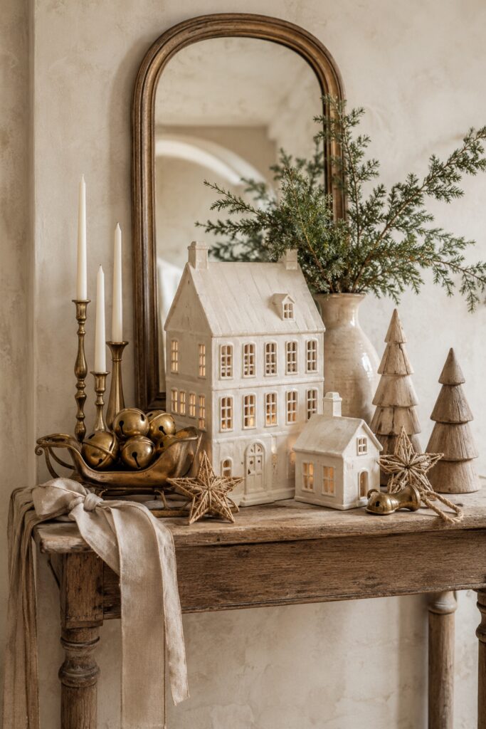 Illuminated ivory Christmas houses on a rustic console with a brass sleigh of bells wooden trees woven stars and an arched mirror