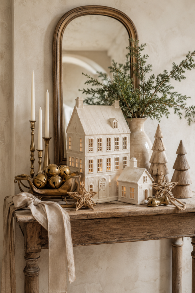 Illuminated ivory Christmas houses on a rustic console with a brass sleigh of bells wooden trees woven stars and an arched mirror