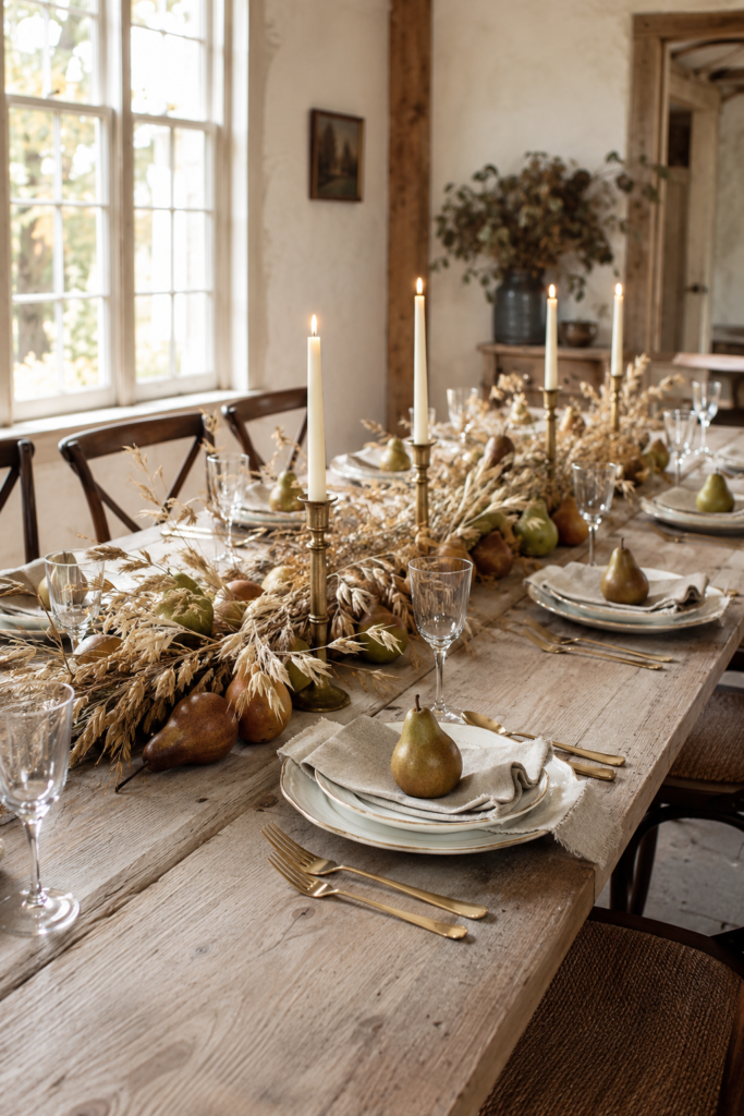 Rustic Thanksgiving table with pears and dried wheat between brass candlesticks and cream place settings topped with oatmeal napkins and individual pears