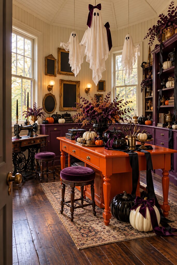 Vintage glam Halloween sewing room with hanging ghosts orange worktable plum cabinets and black pumpkins