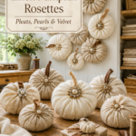 Vintage Linen Pumpkin Rosettes made of linen with velvet stems and vintage brooches securing the tops