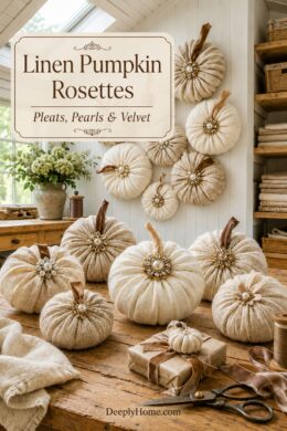 Vintage Linen Pumpkin Rosettes made of linen with velvet stems and vintage brooches securing the tops