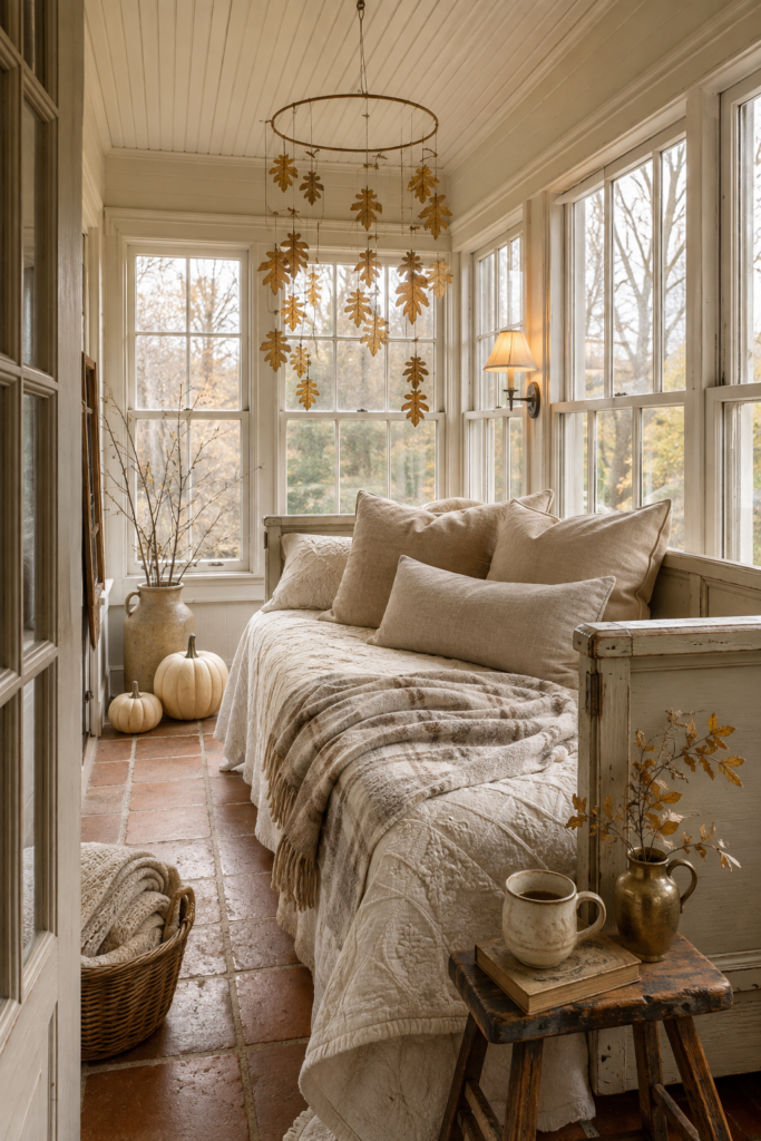 Thanksgiving sunroom with a hanging gold oak leaf mobile above a weathered daybed layered with an ivory quilt oatmeal pillows and a taupe throw