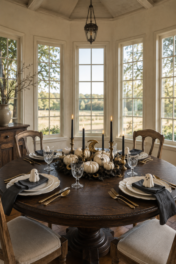 Round wooden Halloween table with ivory pumpkins a gold crescent moon black tapers and little ghost figurines on charcoal napkins and scalloped plates