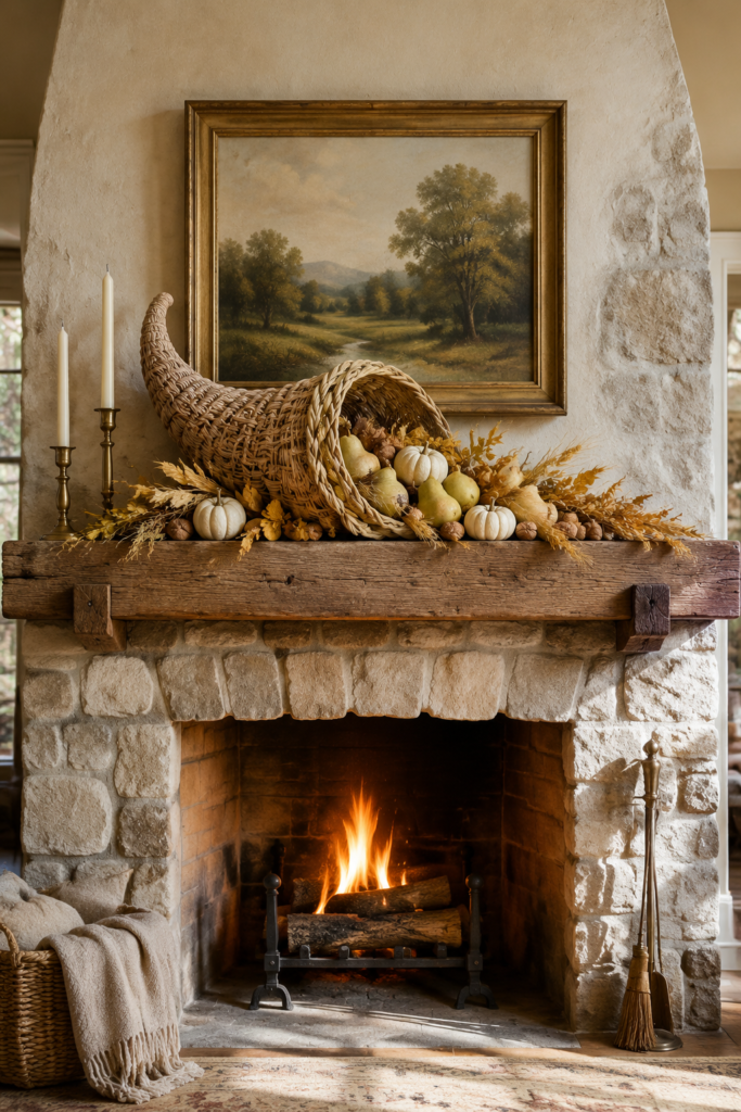 Woven cornucopia filled with pale pears ivory pumpkins and golden foliage on a wooden Thanksgiving mantel beneath a gold framed landscape