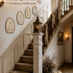 Neutral Halloween staircase with ghost and moon wall art pale pumpkins and vintage lettering reading Ghosts and Moons A Farmhouse Halloween
