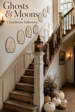 Neutral Halloween staircase with ghost and moon wall art pale pumpkins and vintage lettering reading Ghosts and Moons A Farmhouse Halloween