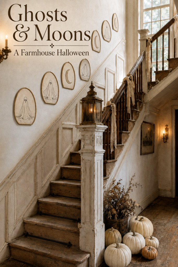 Neutral Halloween staircase with ghost and moon wall art pale pumpkins and vintage lettering reading Ghosts and Moons A Farmhouse Halloween