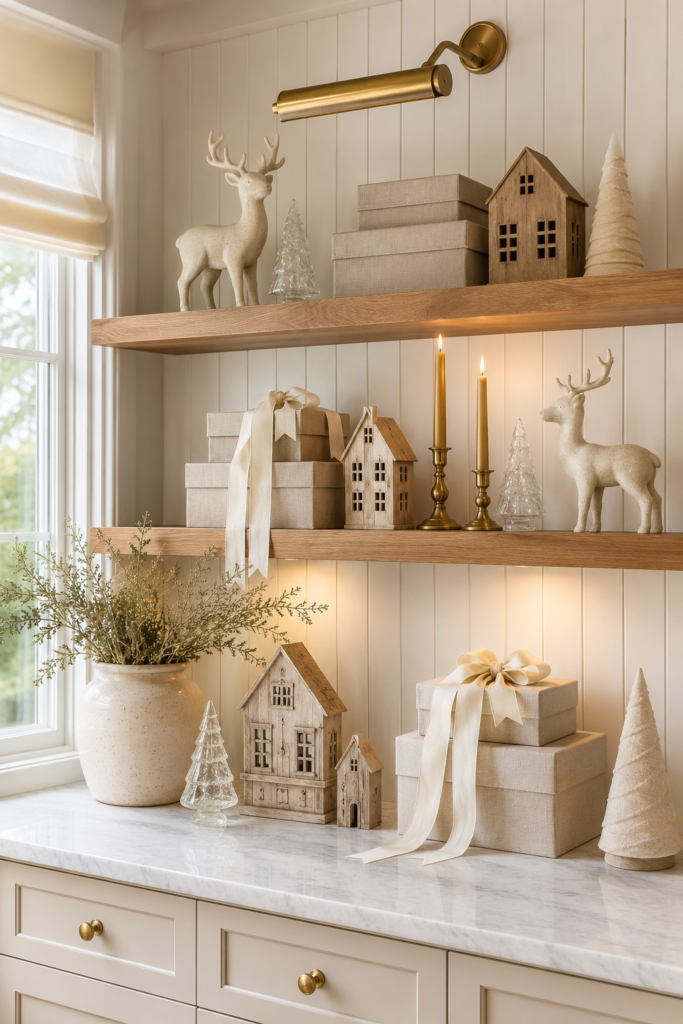 Neutral Christmas pantry shelves with wooden houses clear glass trees ivory deer linen textured boxes and brass candlesticks above a pale countertop