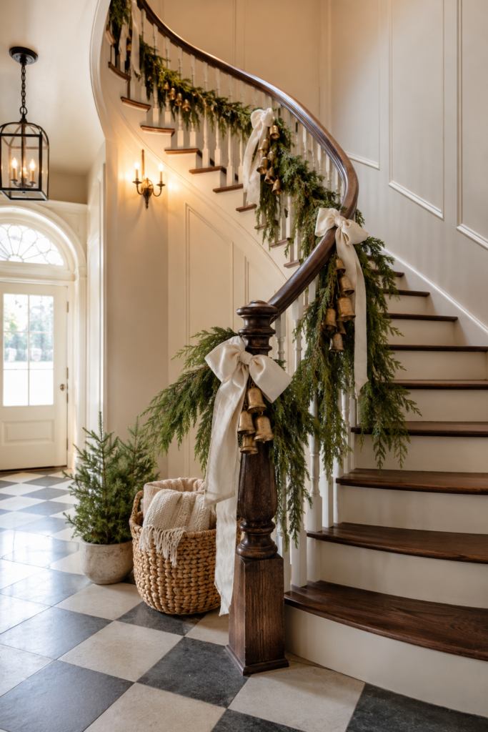 Curved wooden Christmas staircase decorated with cascading evergreen garland ivory ribbon bows and aged gold bells beside a small potted tree