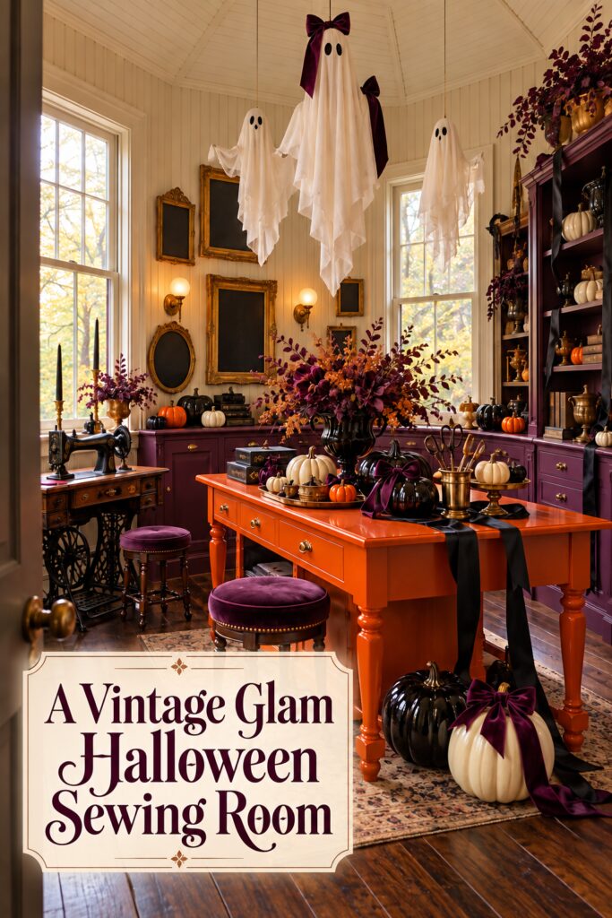 Halloween sewing room with floating ghosts and orange worktable beneath a vintage glam title overlay