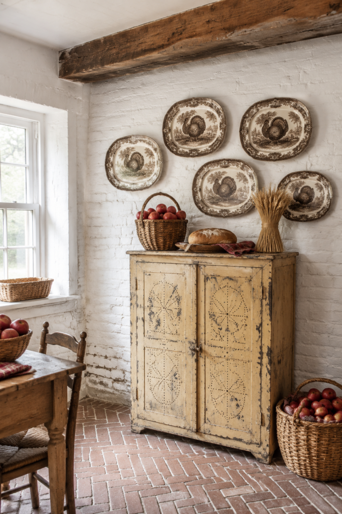 Five brown turkey platters hang above a distressed yellow pie safe with apple baskets wheat and bread in a rustic Thanksgiving breakfast room