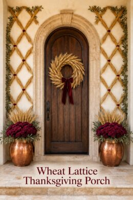 Wheat lattice Thanksgiving entry framed by burgundy mums olive foliage and copper planters