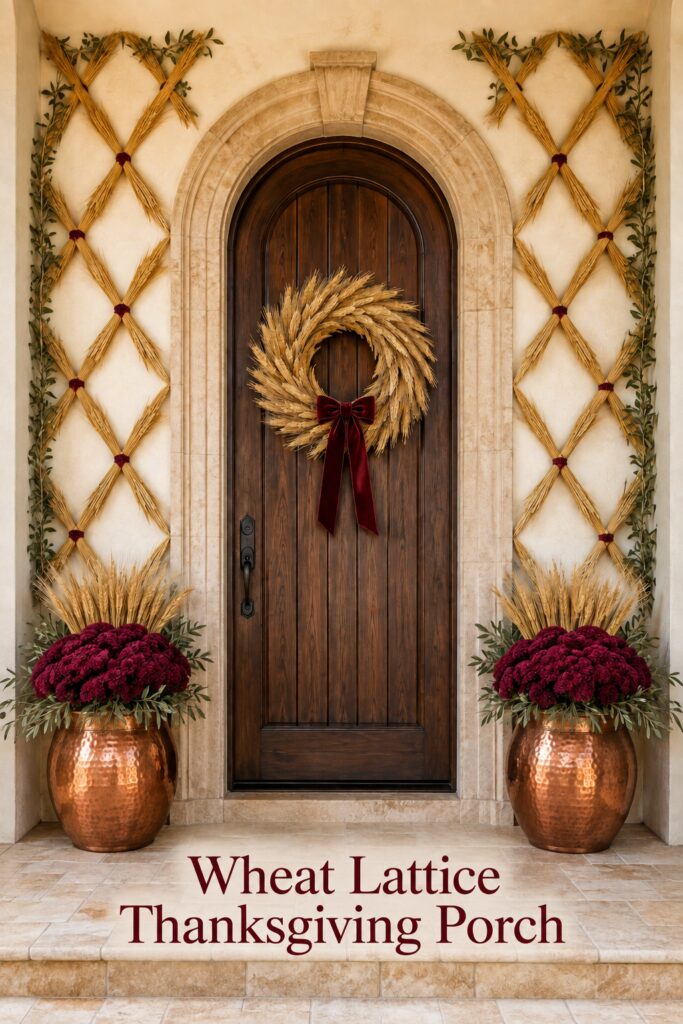 Wheat lattice Thanksgiving entry framed by burgundy mums olive foliage and copper planters