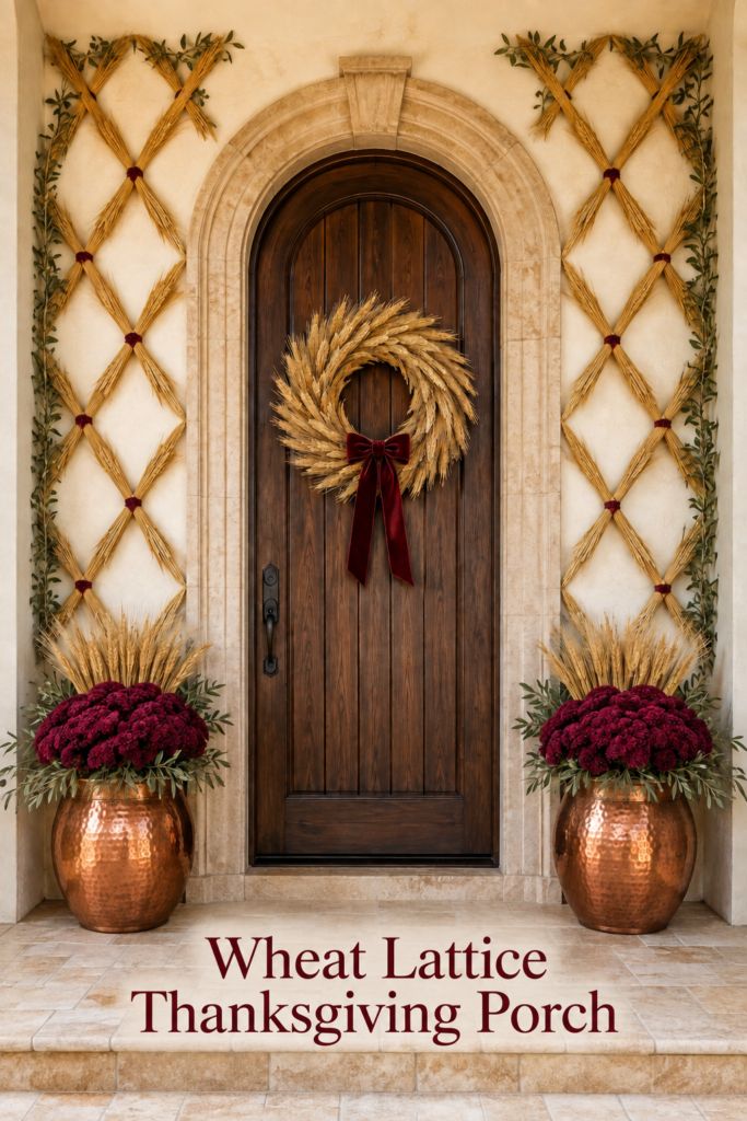 Wheat lattice Thanksgiving entry framed by burgundy mums olive foliage and copper planters