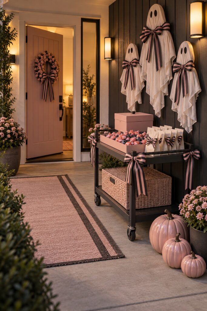 Blush ghost Halloween treat cart with striped bows candy trays pink pumpkins and fabric ghosts at a modern entry