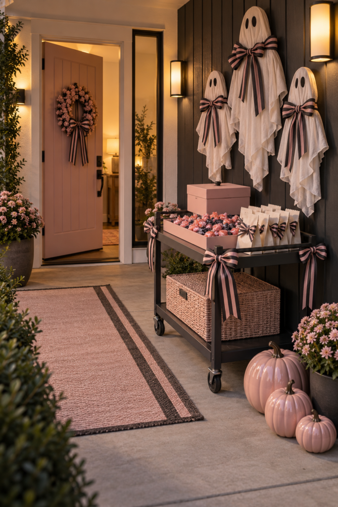 Blush ghost Halloween treat cart with striped bows candy trays pink pumpkins and fabric ghosts at a modern entry