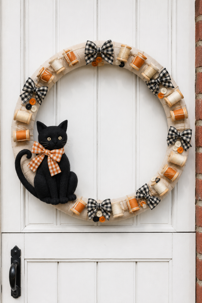 Black cat Halloween wreath on a white paneled door with cream fabric wrapping orange and ivory thread spools gingham bows and button clusters