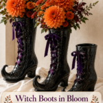 Halloween floral display with orange blooms in glossy black witch boots beneath a Witch Boots in Bloom headline