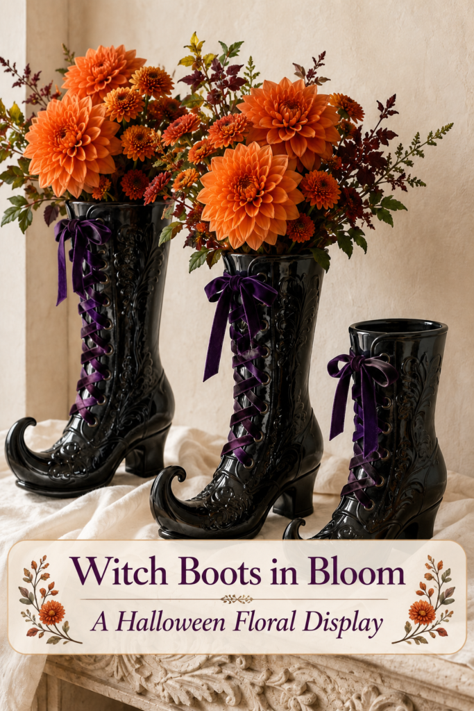 Halloween floral display with orange blooms in glossy black witch boots beneath a Witch Boots in Bloom headline