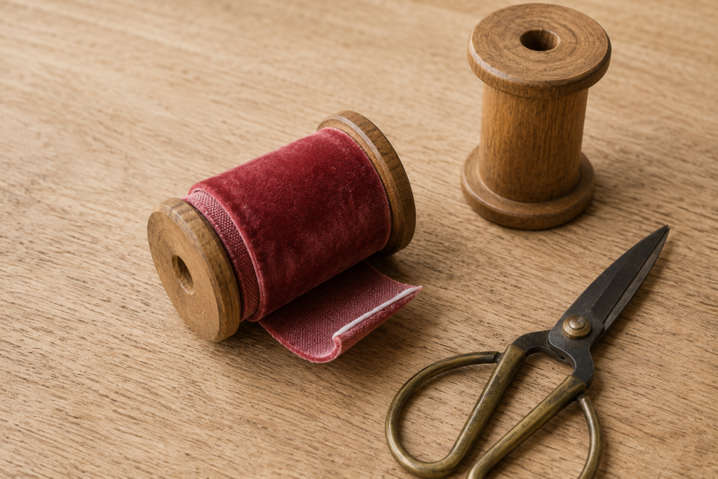 Wrapping cranberry velvet around a wooden spool