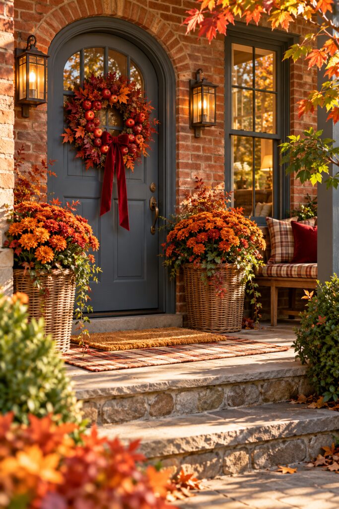 Arched blue gray front door on a brick porch with an apple and maple leaf wreath copper orange mums woven baskets plaid bench and glowing wall lanterns