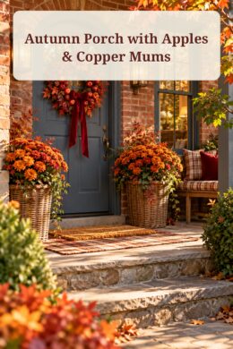 Autumn brick porch with apple leaf wreath copper mums woven baskets and the words Autumn Porch with Apples and Copper Mums
