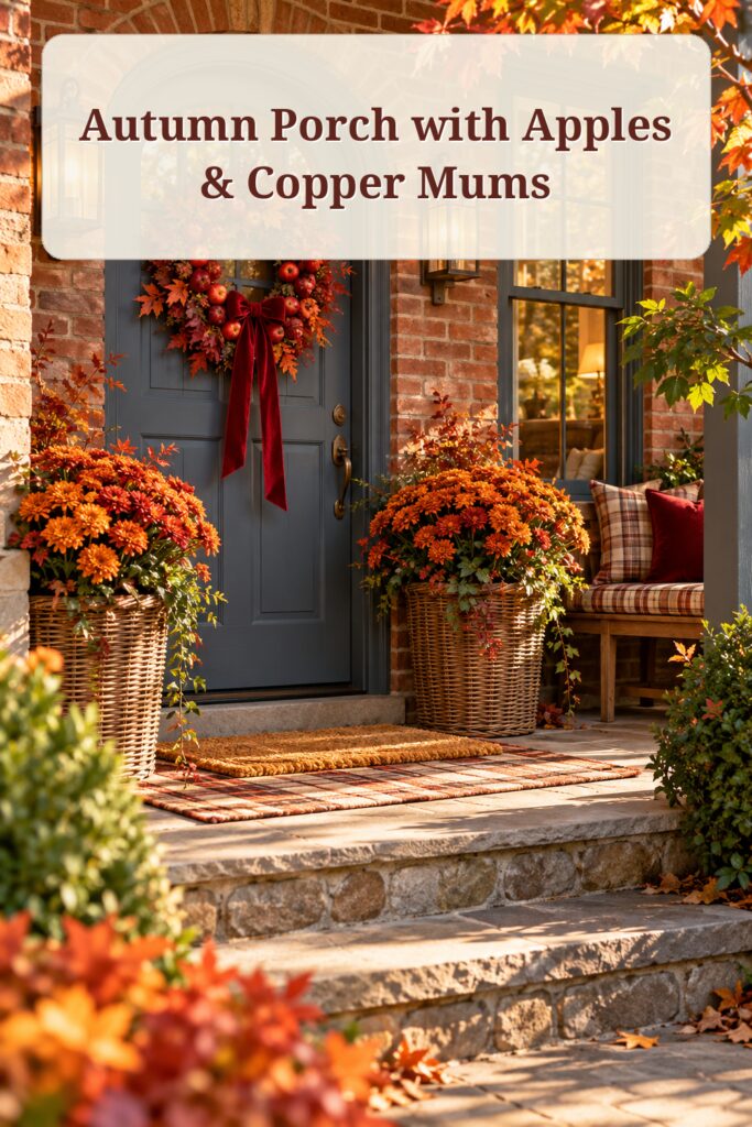 Autumn brick porch with apple leaf wreath copper mums woven baskets and the words Autumn Porch with Apples and Copper Mums