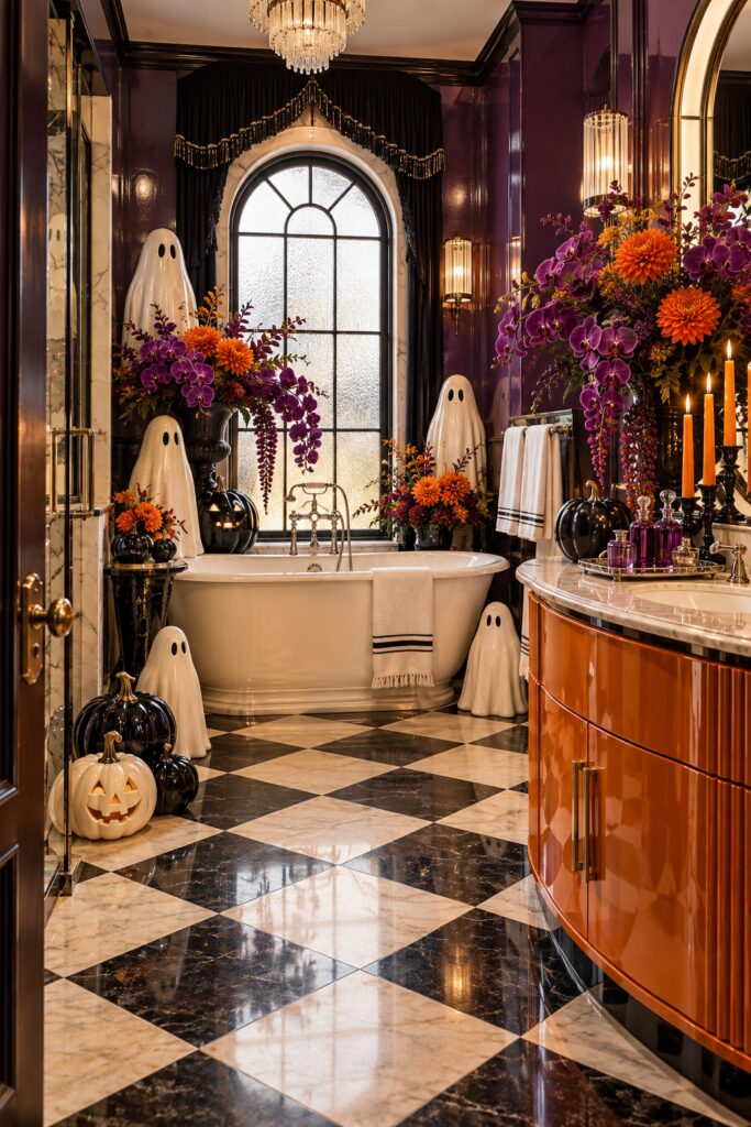 Art Deco Halloween bathroom with white ghosts plum walls orange vanity and black pumpkins