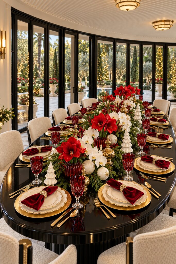 Christmas patio table with red amaryllis white orchids ruby goblets and ivory scalloped plates