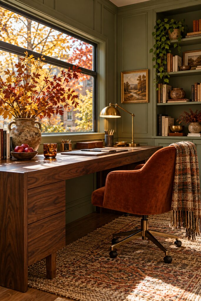 Walnut desk beneath a wide fall window with russet branches copper velvet chair plaid throw amber glass and red apples in a sage paneled office