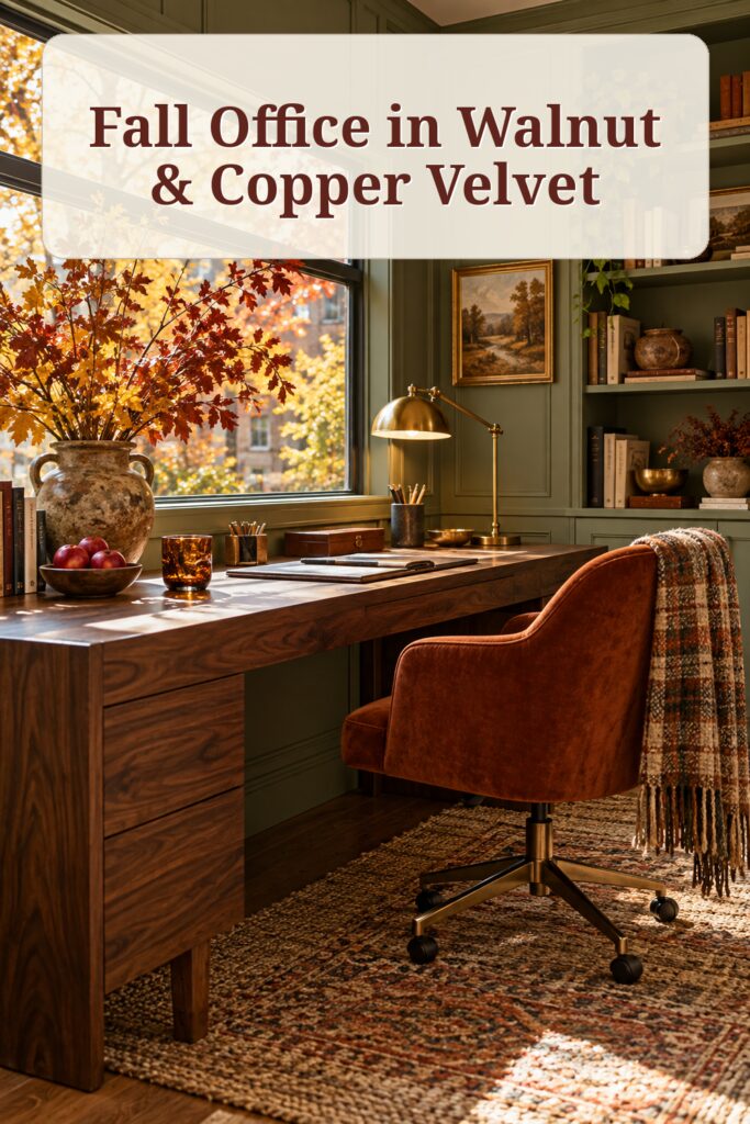 Warm walnut fall home office with autumn branches copper velvet chair and the words Fall Office in Walnut and Copper Velvet