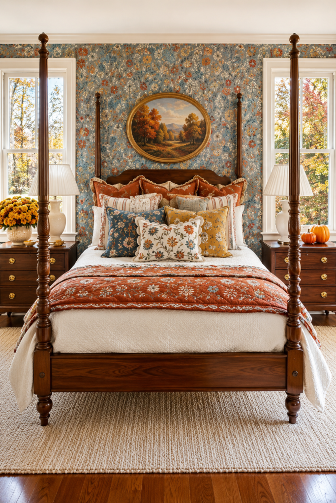 Autumn bedroom with blue floral wallpaper dark wood four poster bed and layered rust botanical bedding