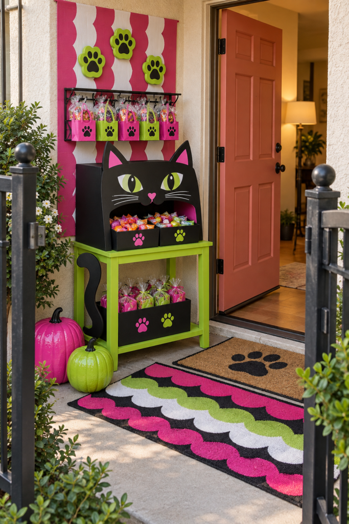 Black cat Halloween candy station with fuchsia and lime treat bags on a small apartment patio