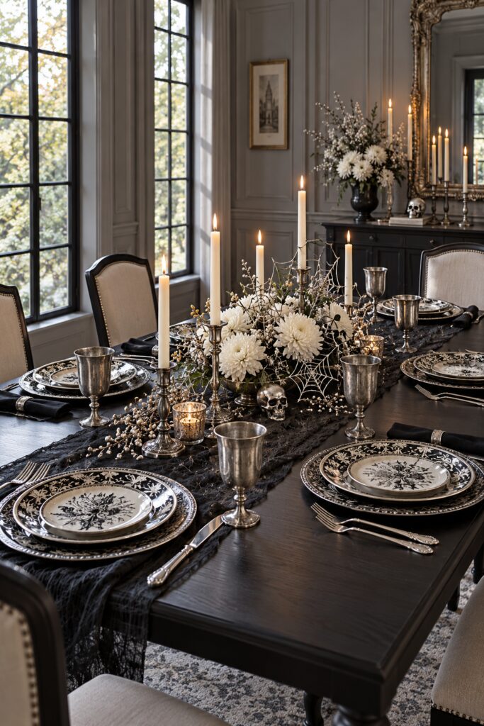 Black dinner table with patterned ivory plates silver goblets white chrysanthemums cream candles small skulls and web accents