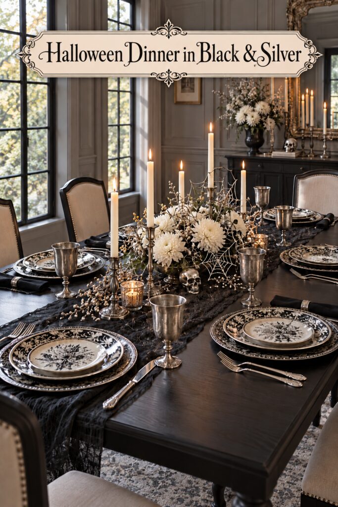 Halloween table with patterned plates silver goblets and ivory flowers below the words Halloween Dinner in Black and Silver