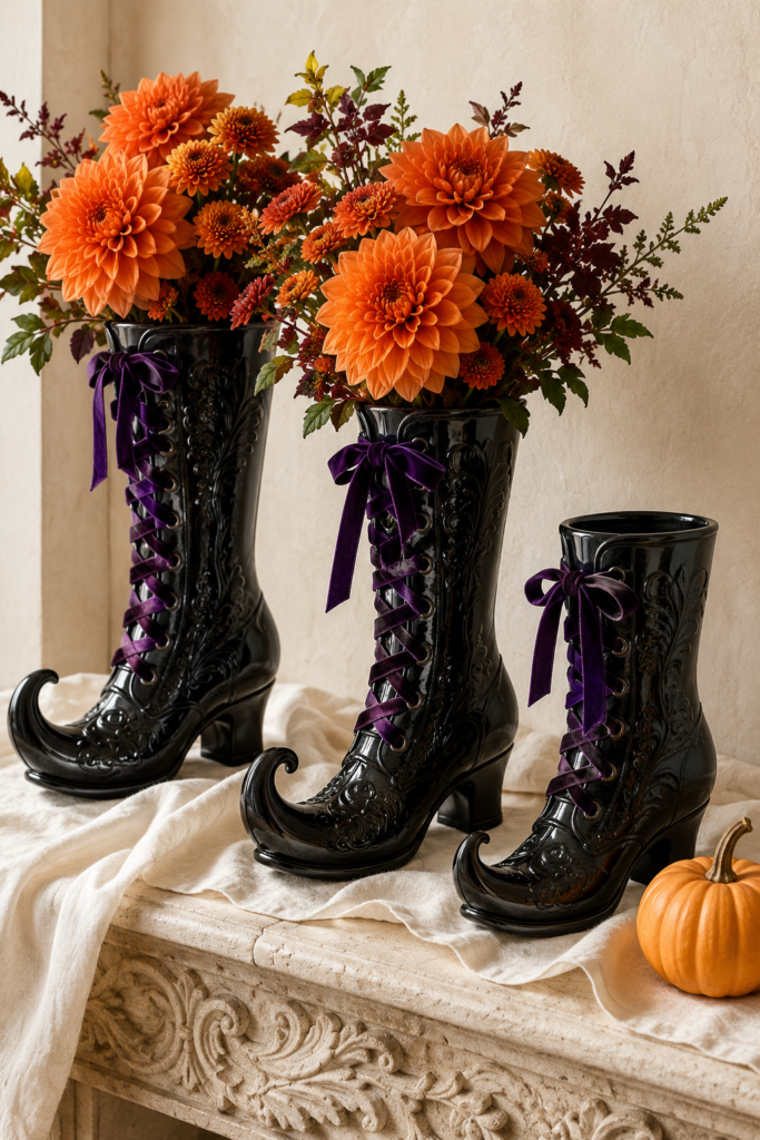 Three black witch boot vases with purple laces orange flower bouquets and curled toes on a cream mantel